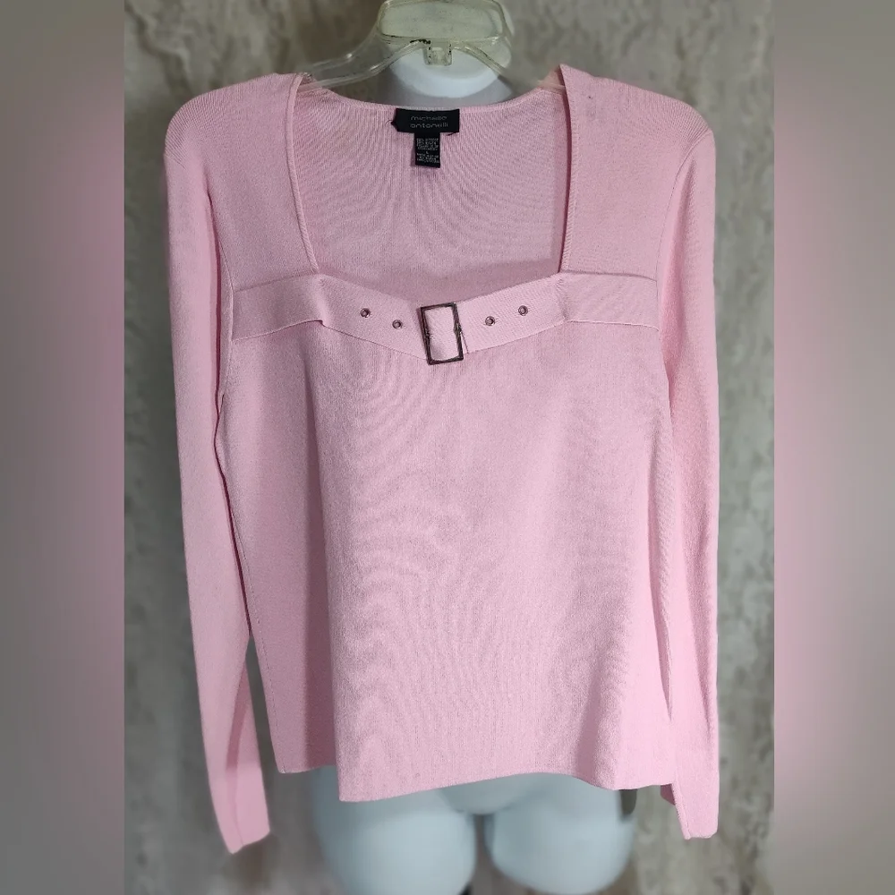 Pink Knit Top Sweater Silver Buckle Accent